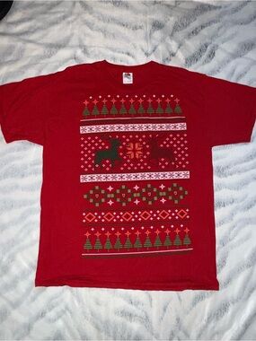 Fruit of the Loom Red Holiday Graphic Tee with Green Accents